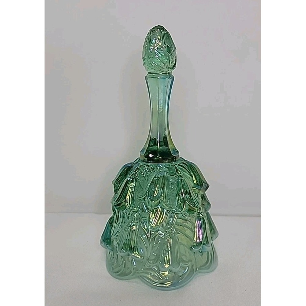 Vintage Fenton Glass Bell, Temple Design, Iridescent Emerald Green, 6.75"